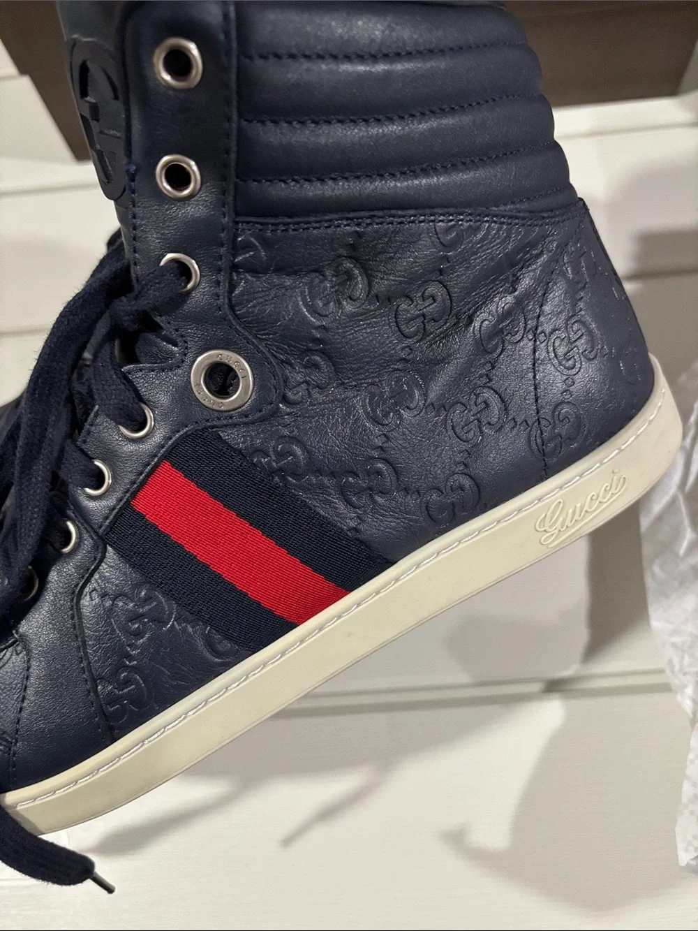 Gucci Navy High-Top Sneakers with Red Stripe